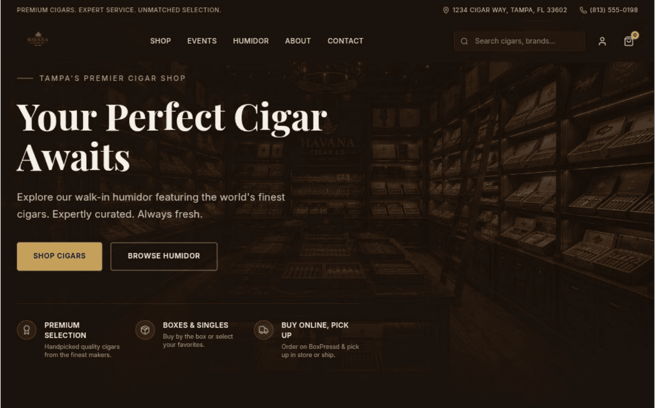 Desktop view of a custom cigar shop website
