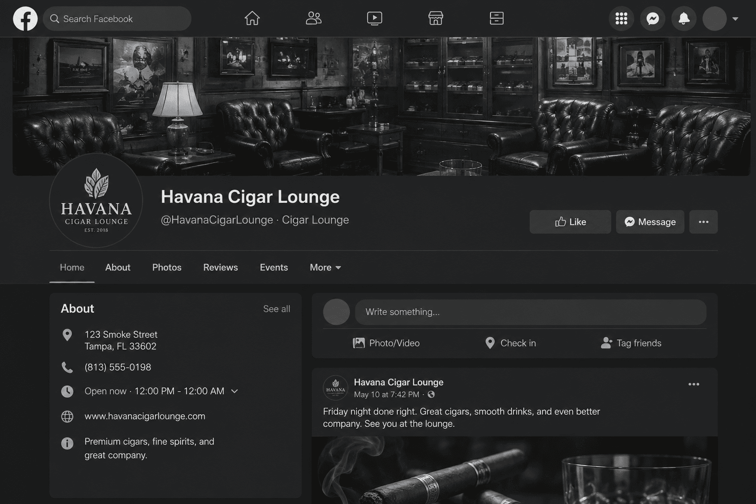 Grayscale Facebook-style profile for a cigar lounge