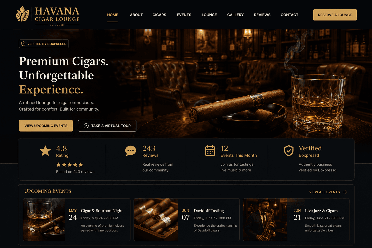 Full-color premium cigar lounge website created by Boxpressd Sites