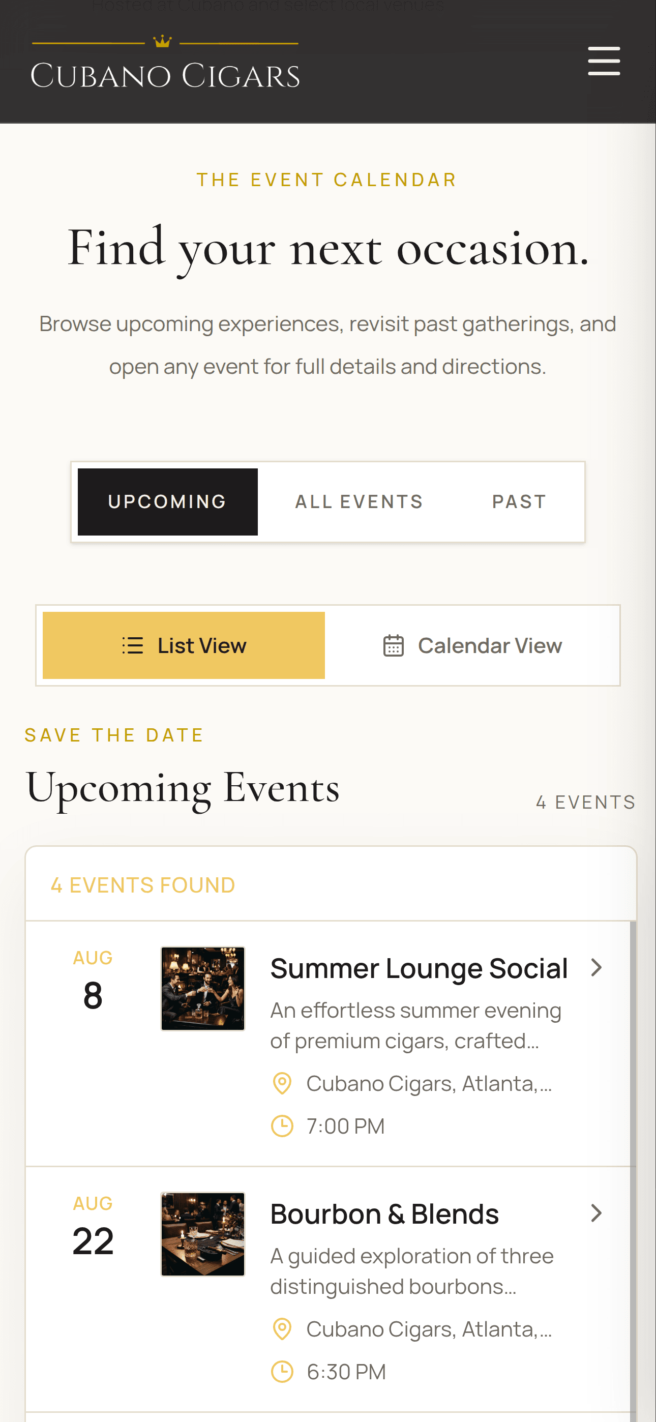 Synced cigar event calendar and event detail pages