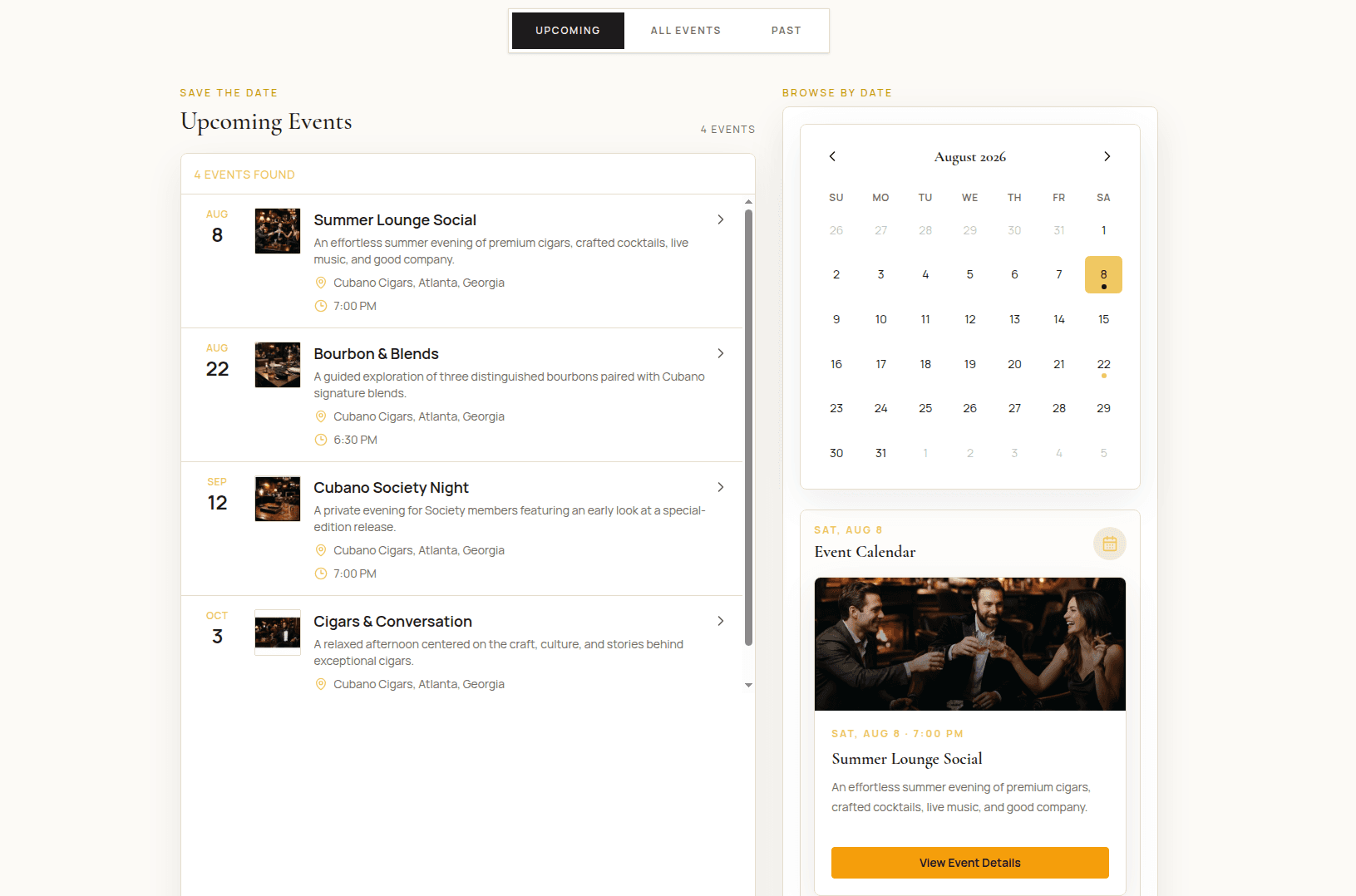 Desktop view of a synced cigar event calendar
