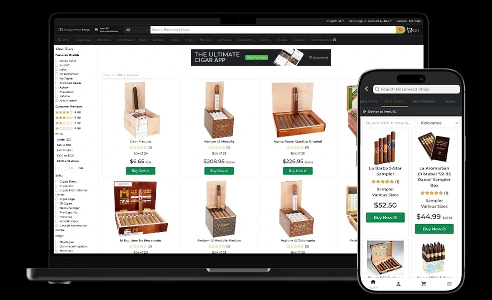 Desktop view of a Boxpressd cigar inventory storefront