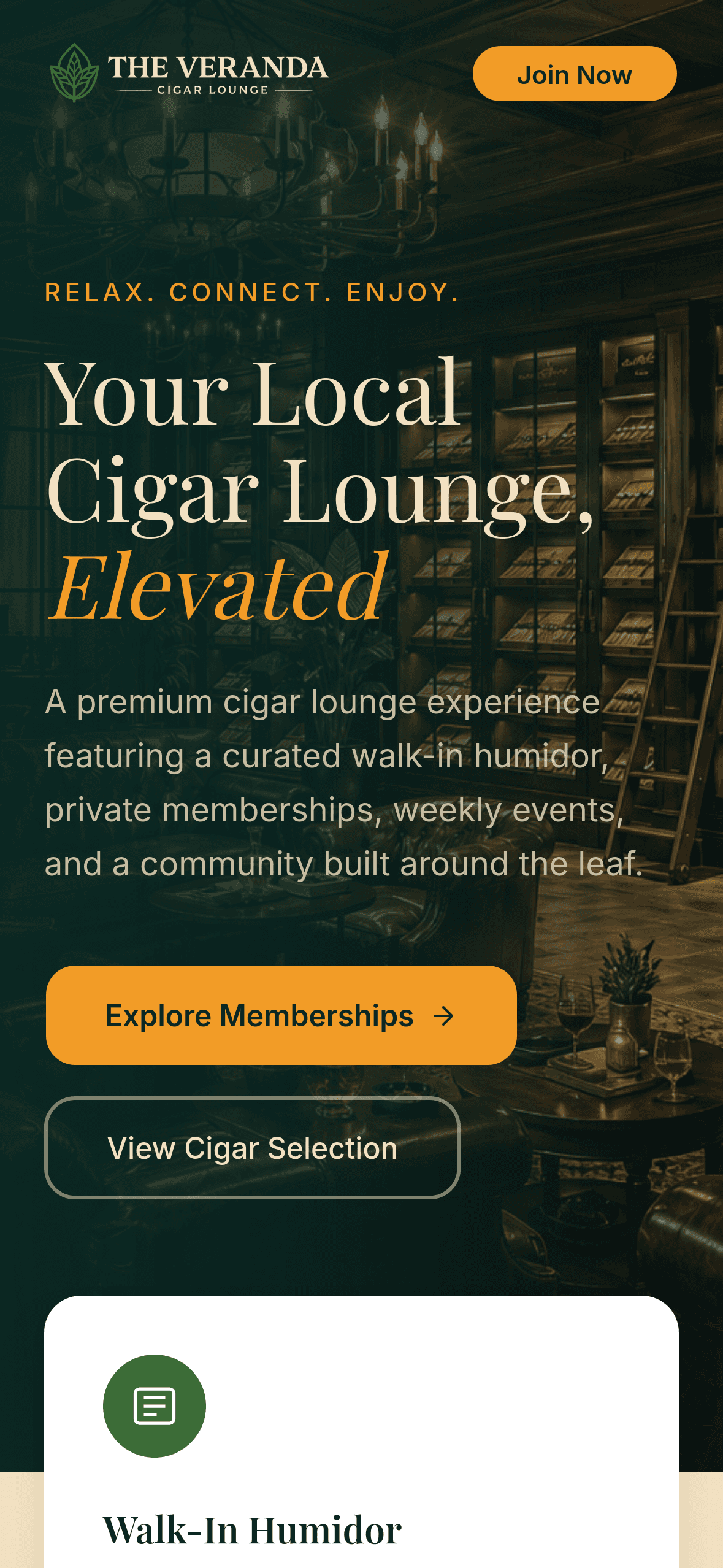 Mobile cigar lounge website with navigation and lounge content