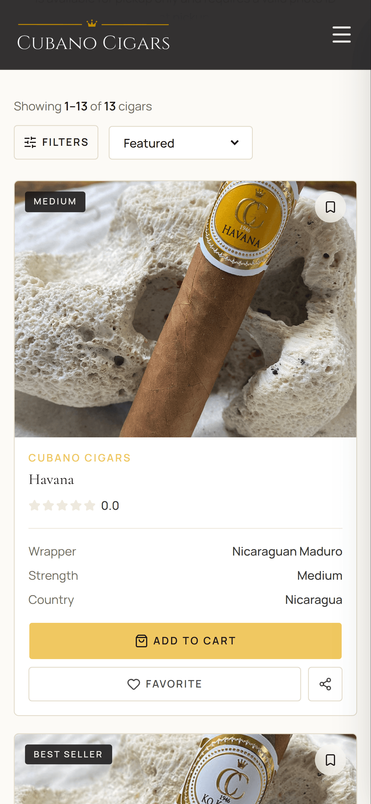Mobile view of a custom cigar shop website